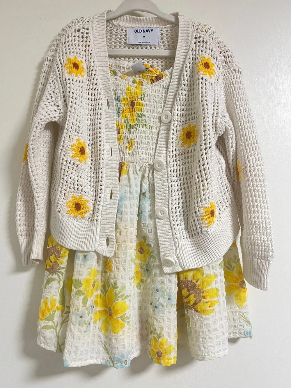 Old Navy Sunflower Printed Flutter-Sleeve Smocked Dress & Matching Cardigan 3T